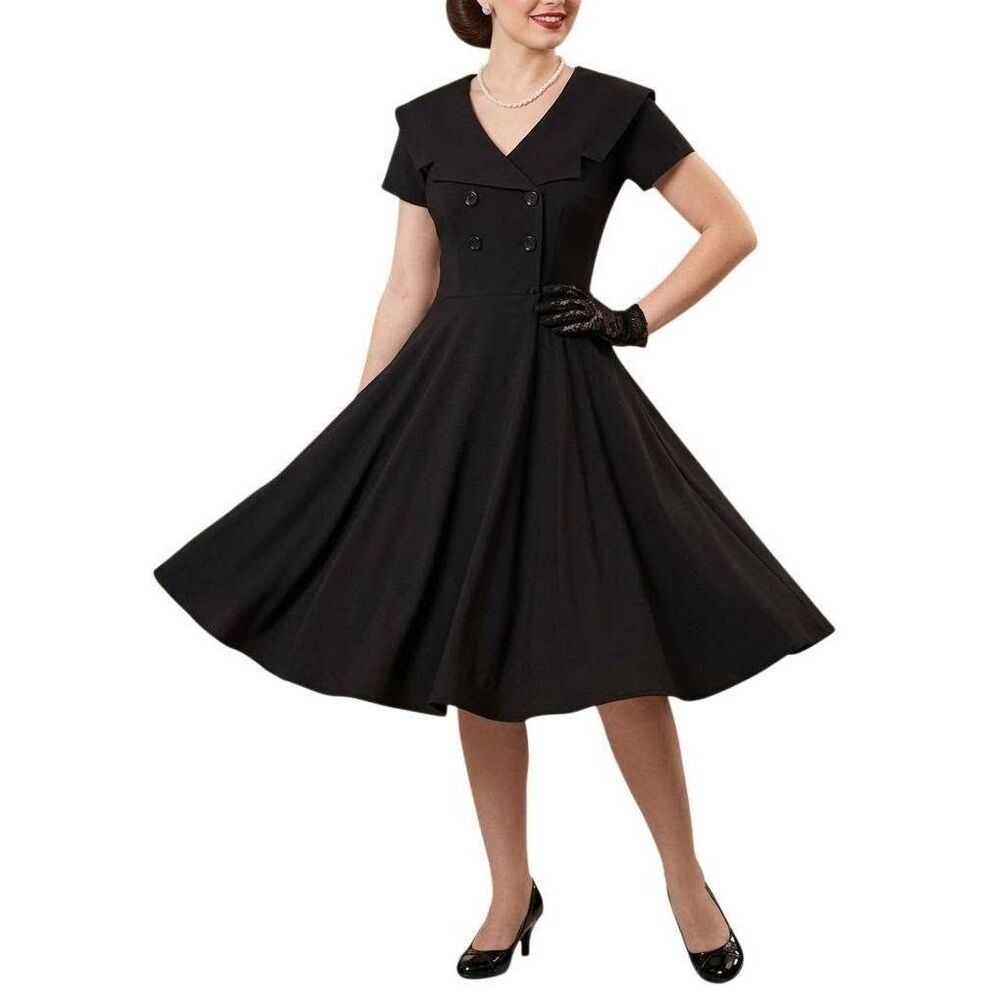 Bettie Page by Tatyana black big collar swing pinup 50s midi dress womens XL